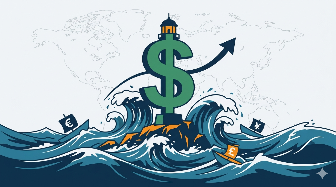 Por qué el dólar sube en crisis: símbolo del dólar como faro firme mientras otras monedas se tambalean en la tormenta