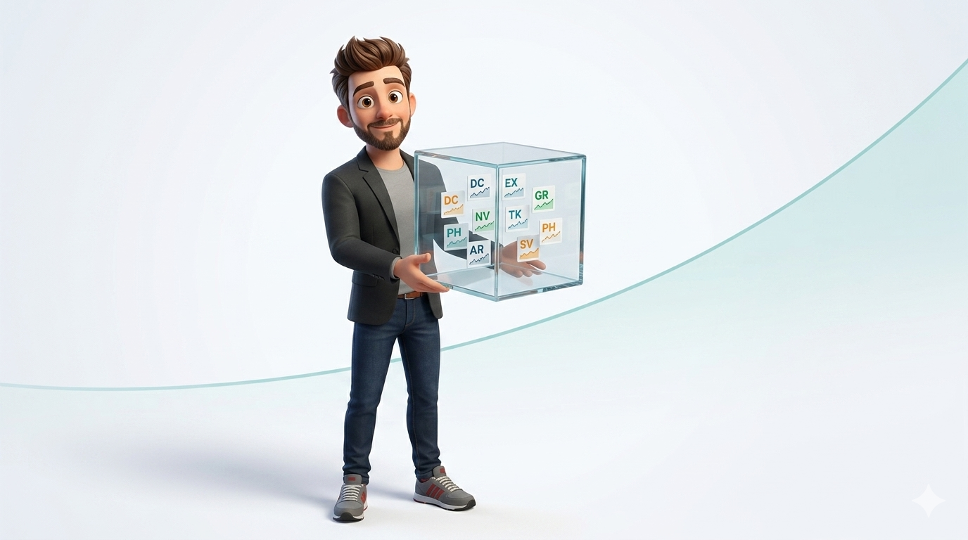 El mismo educador sostiene una caja transparente con múltiples acciones adentro, mostrando que un ETF agrupa muchas empresas en un solo instrumento