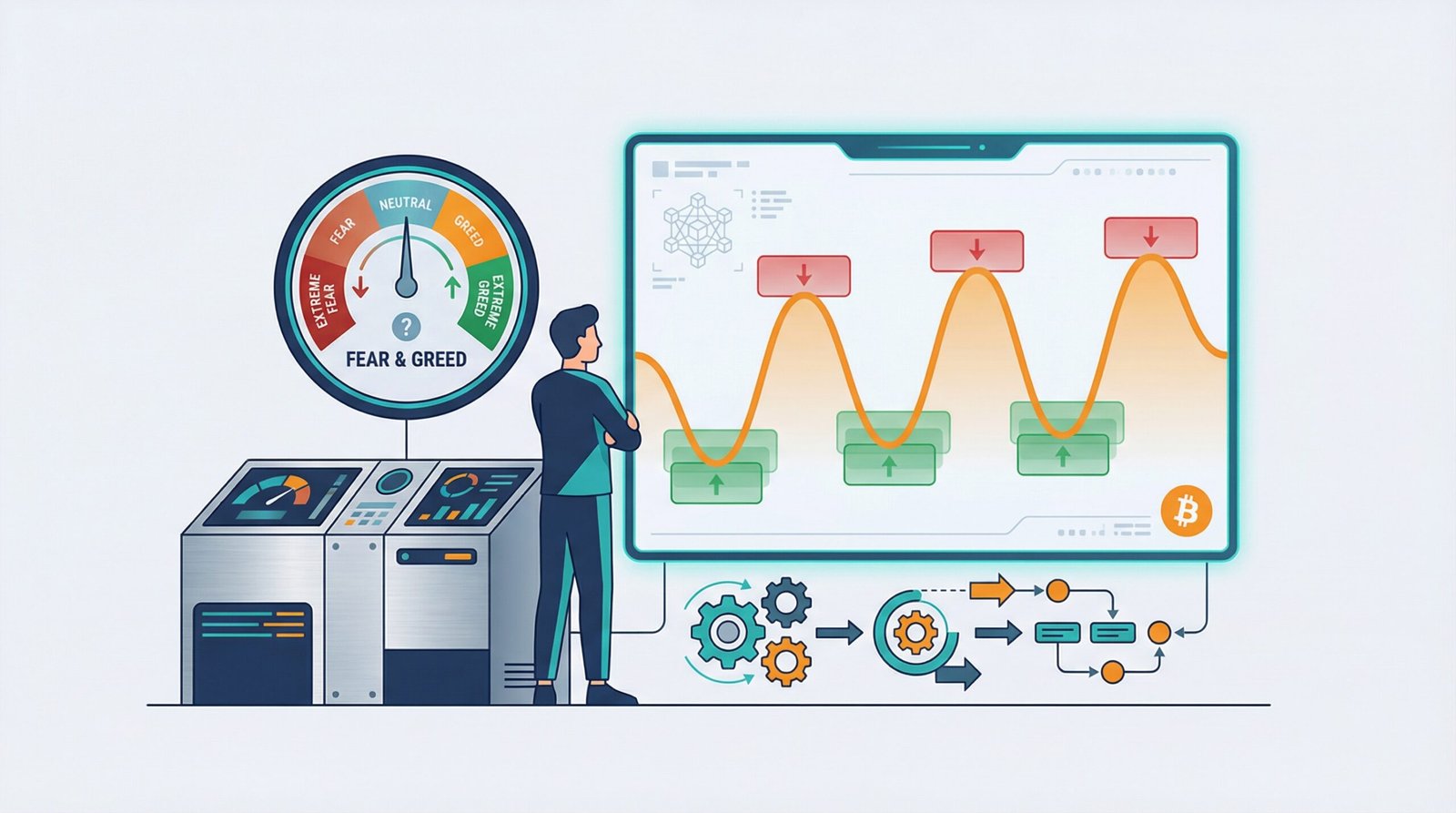 Sistema para comprar Bitcoin con DCA: panel con el ciclo de precio, zonas de compra en verde y medidor Fear & Greed