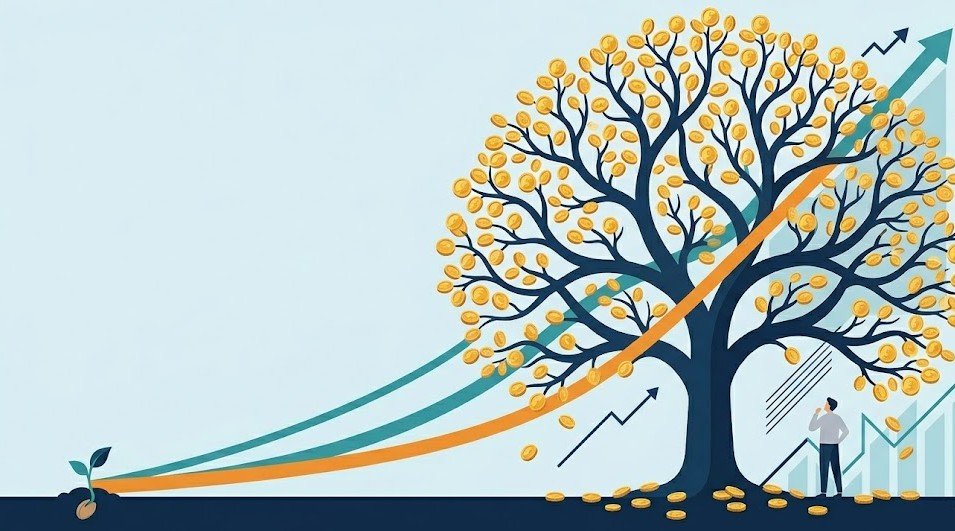 Interés compuesto como árbol creciendo desde una semilla con monedas doradas en cada rama