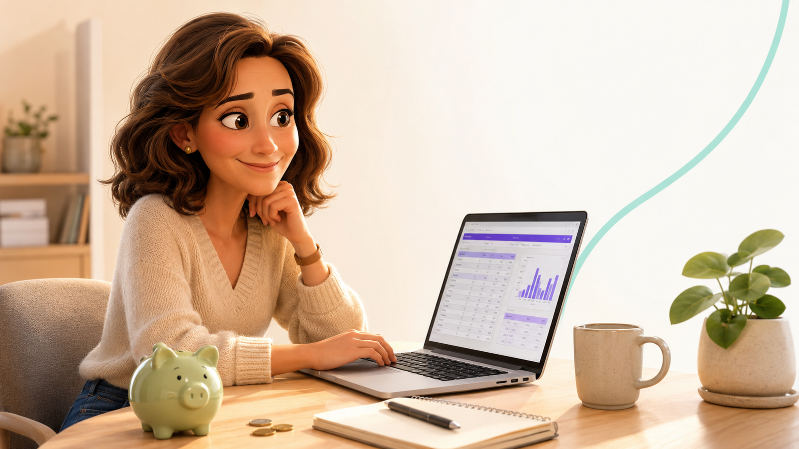 Mujer adulta organizando su presupuesto personal mensual con planilla Excel y notas de ingresos y gastos