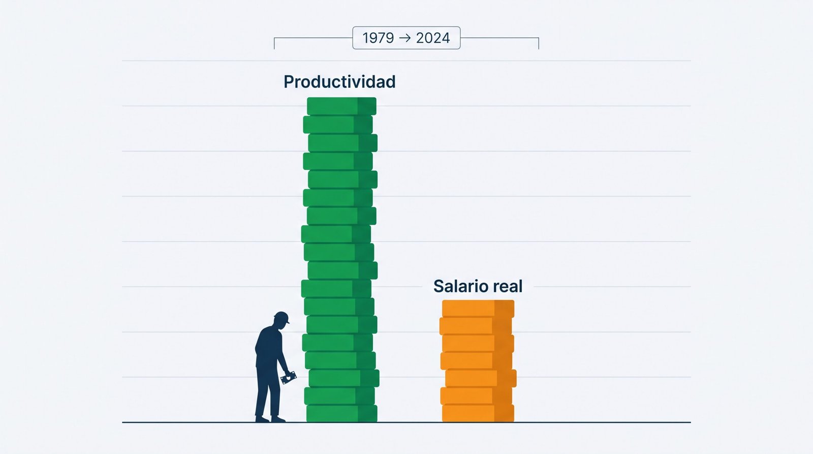 Brecha entre productividad y salario real desde 1979 en EE.UU., con dos figuras corriendo para mantener el ritmo