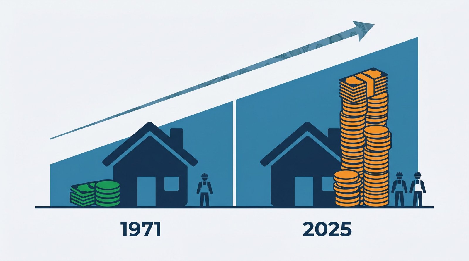 Comparación visual de la divergencia entre el costo de la vivienda y los salarios desde 1971 hasta 2025 en EE.UU.