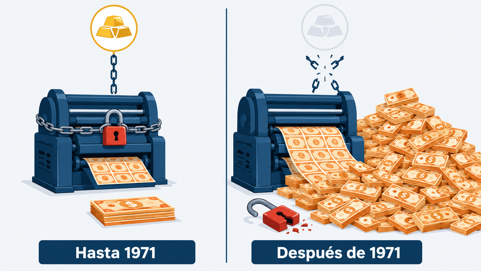 Representación conceptual del cierre de la ventanilla del oro en 1971 y la expansión monetaria fiat posterior