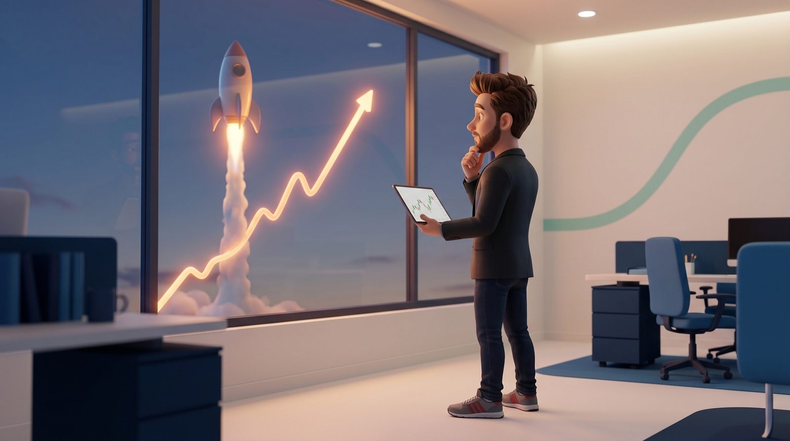 cciones de SpaceX: inversor observa un cohete cuyo despegue se convierte en un gráfico de precios en ascenso