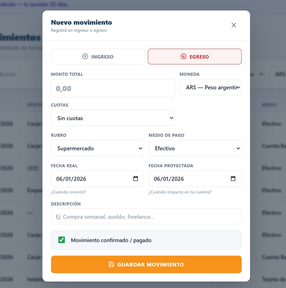 App DesCero: formulario para cargar un nuevo movimiento con monto, moneda, cuotas, rubro y medio de pago