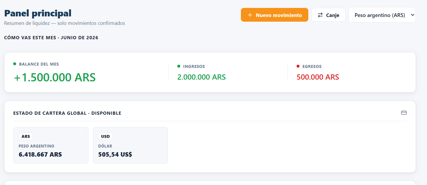App DesCero: panel principal con balance del mes, ingresos, egresos y cartera multimoneda en ARS y USD