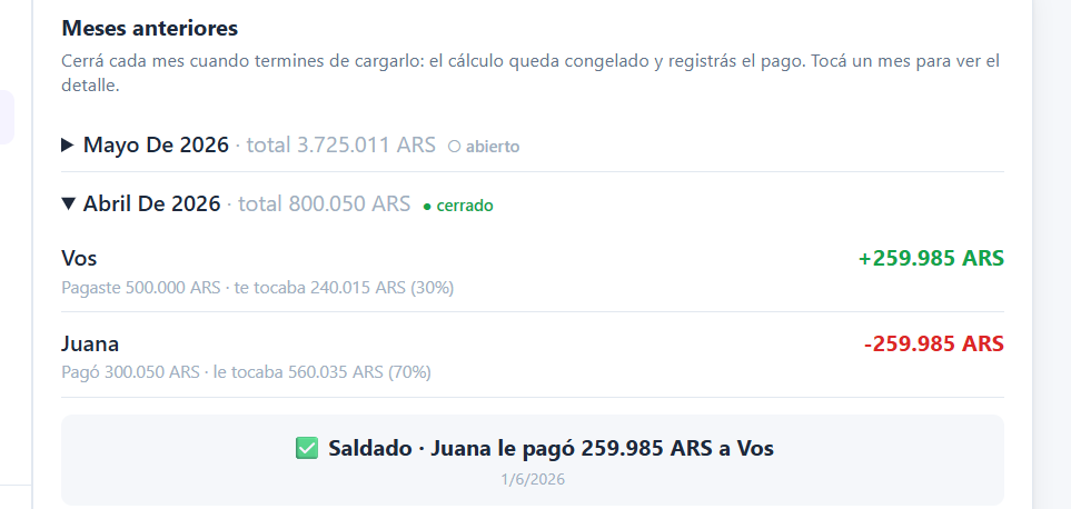 App DesCero: cierre de mes en pareja mostrando el saldo final y cuánto le paga uno al otro para quedar saldados