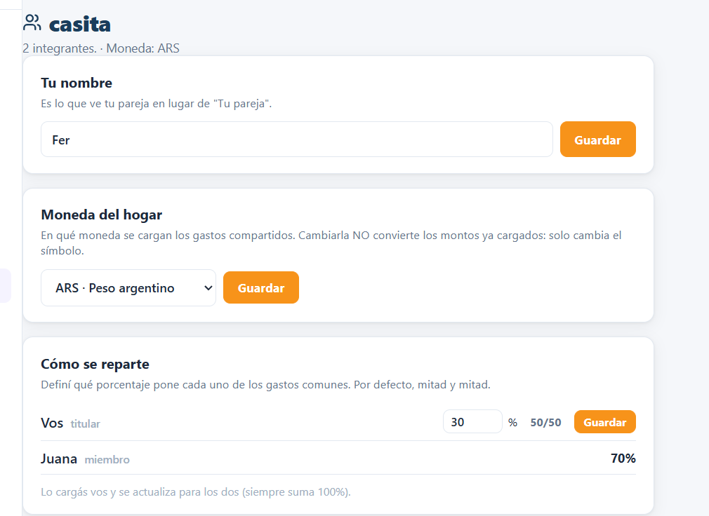 App DesCero: configuración del reparto de gastos compartidos en pareja con porcentaje personalizado o 50/50