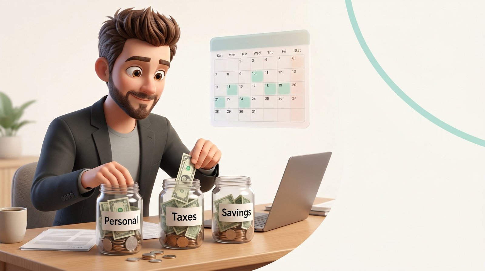 Freelance monotributista organizando su dinero en sobres separados para gastos personales, impuestos y ahorro