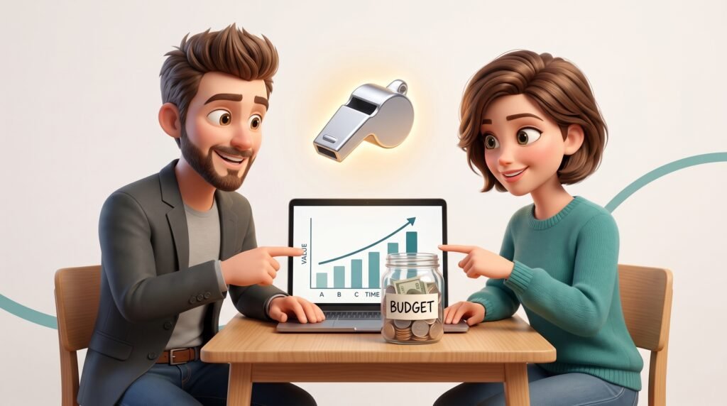 Pareja revisando juntos un presupuesto en la laptop, como equipo, con el presupuesto haciendo de árbitro neutral