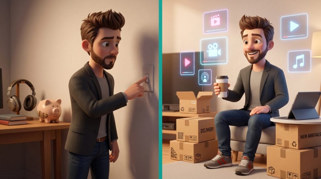 Mismo personaje en dos versiones: el tacaño apaga la luz y cuida la billetera, el derrochador rodeado de compras