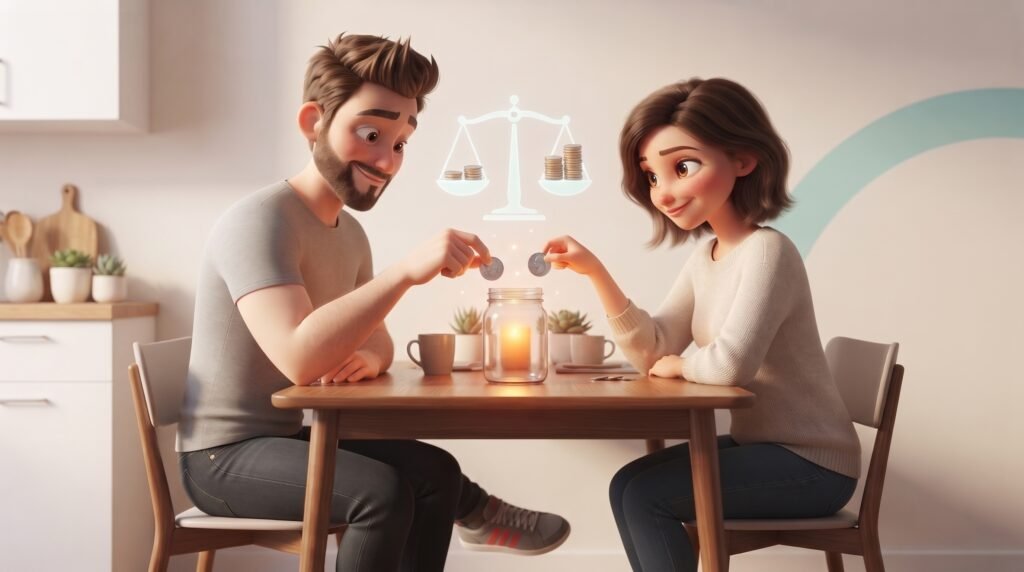 Pareja aportando a un fondo común para los gastos de la casa, con aportes distintos pero reparto equilibrado